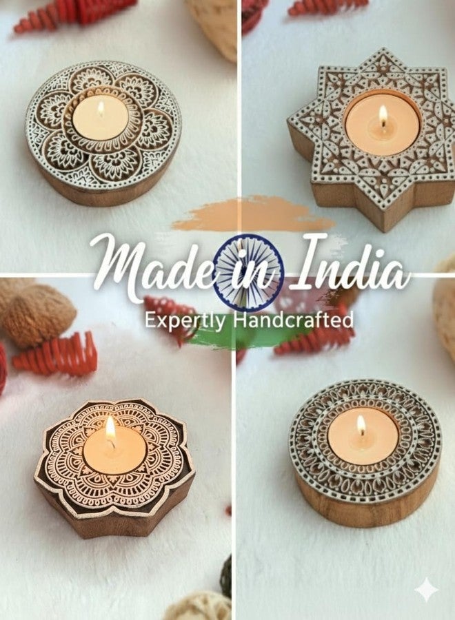 Goyoham - Pack of 2, Premium Wooden Candle Holders with Circular Mandala Pattern | White and Brown | Home Decor and Gifting - Image 2